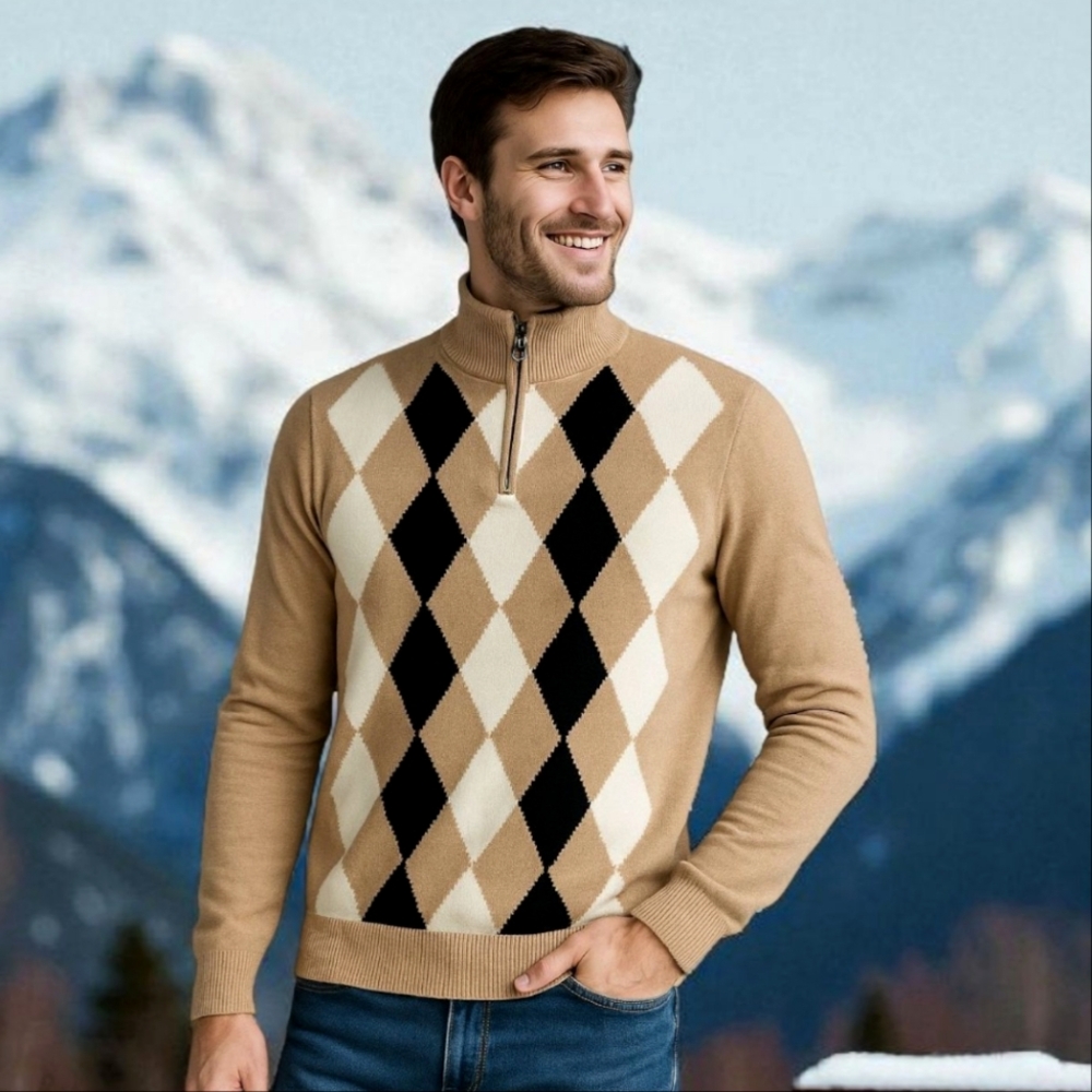 Lyle & Scott Mens Argyle Sweater Medium Tan Black Knit Cotton Scotland 1/4 Zip